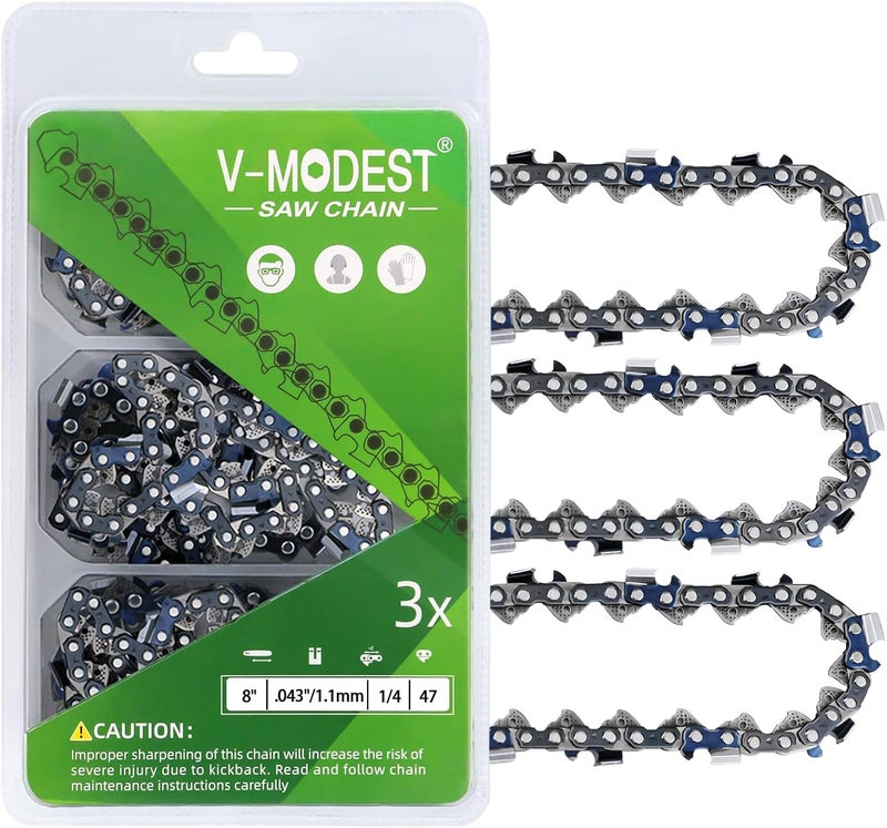 V-MODEST 3-Pack 8 Inch Chainsaw Chains Replacement 1/4" Pitch 47 Drive Links .043" Gauge Low Kickback Chain Blade, Superior Lubrication for Mini Cordless Electric Chain Saw - Image 1
